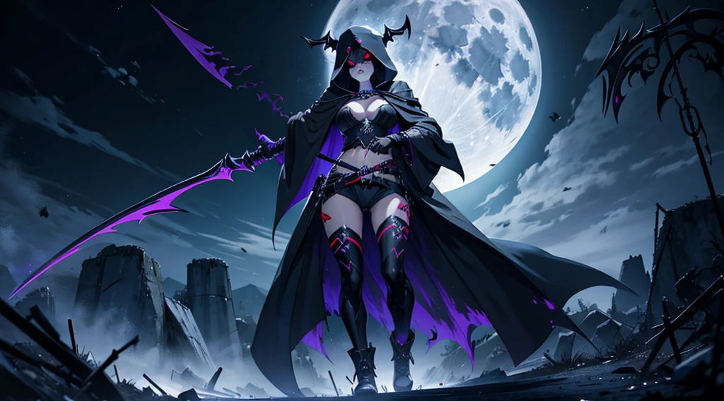 A female image of death (((Grim Reaper))), [[[pointing her finger to the viewer]]], full body image, wearing a dark hooded cloak, holding a scythe with her other hand, full moon on the background, [[high quality]], 4k, high quality image, unreal engine, cinematic.