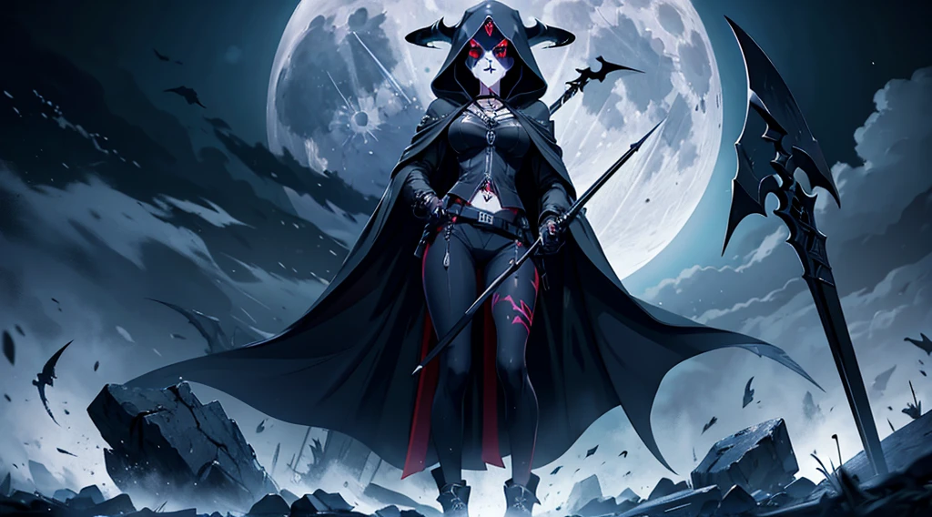 A female image of death (((Grim Reaper))), [[[pointing her finger to the viewer]]], full body image, wearing a dark hooded cloak, holding a scythe with her other hand, full moon on the background, [[high quality]], 4k, high quality image, unreal engine, cinematic.