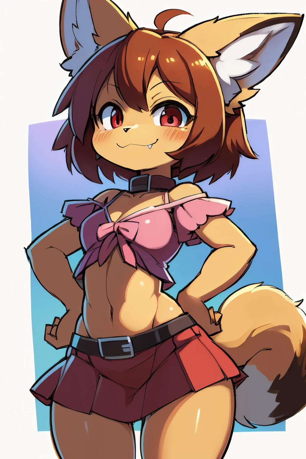 (li, anthro, fennec fox, small hair, small ahoge, light brown hair, small snout, flat chest, fox tail, little thighs, ((long fur, yellow fur)), round head, round chin, small fangs and big red eyes) wearing (brown collar, pink blouse, red skirt, long skirt, leather belt), standing, hands in face, extremely happy, blushed, by dagasi, by diives