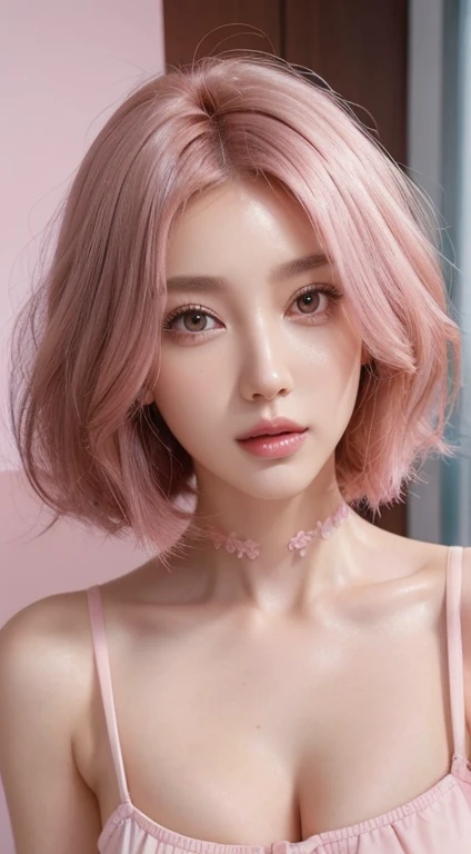 one girls，The upper part of the body,  Hair is pink，The hairstyle is curly hair,  Delicate Makeup，Close-up of delicate facial features with a lens，8K，The highest image quality，Look into the camera，high quarity，Look into the camera，Look into the camera，
