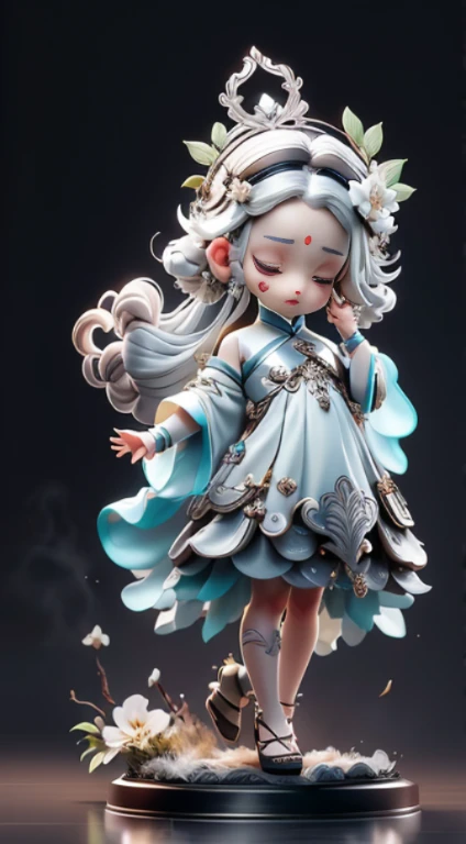 Blind box style，(Masterpiece, high quality, best quality, official art, beauty and aesthetics:1.2),silver element,silver,Composed of metallic silver elements,(1girl:1.2),china_dress,china_dress,intricate silver metal grain,silver pattern, background,[[[[[[building with chinese wind background]]]]]],bokeh,white hair,an intricate headpiece,chinese miao flower silver crown,tiara,head_wreath,