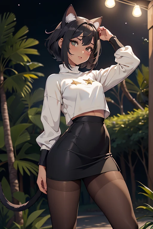 cat ears on the head of a beautiful young woman wearing short hair, usando meias preta longas e sueter branco apertado,corpo inteiro na foto,floresta a noite varias luzes,belas coxas, coxas lindas belhos olhos verdes detalhados., sueter branco apertado,maio apertado , tight pantyhose, mini saia , ceu limpo a noite com estrelas numafloresta a noite,short curto linda jovem.