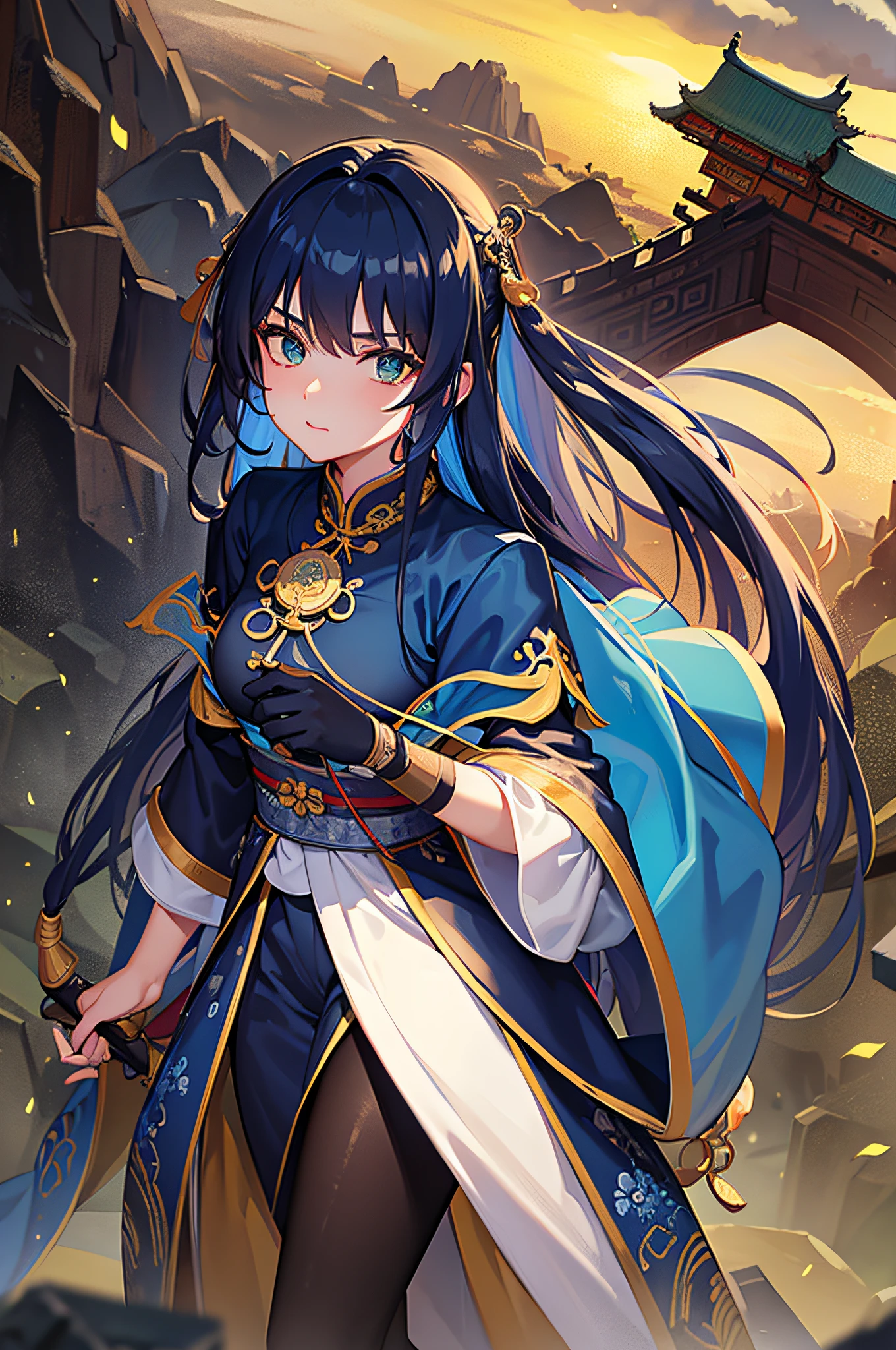 4K,hight resolution,One Woman,Dark blue hair,Longhaire,Green eyes,ancient chinese military commander,blue ancient chinese armor,Ancient Chinese swords,ancient chinese castle town