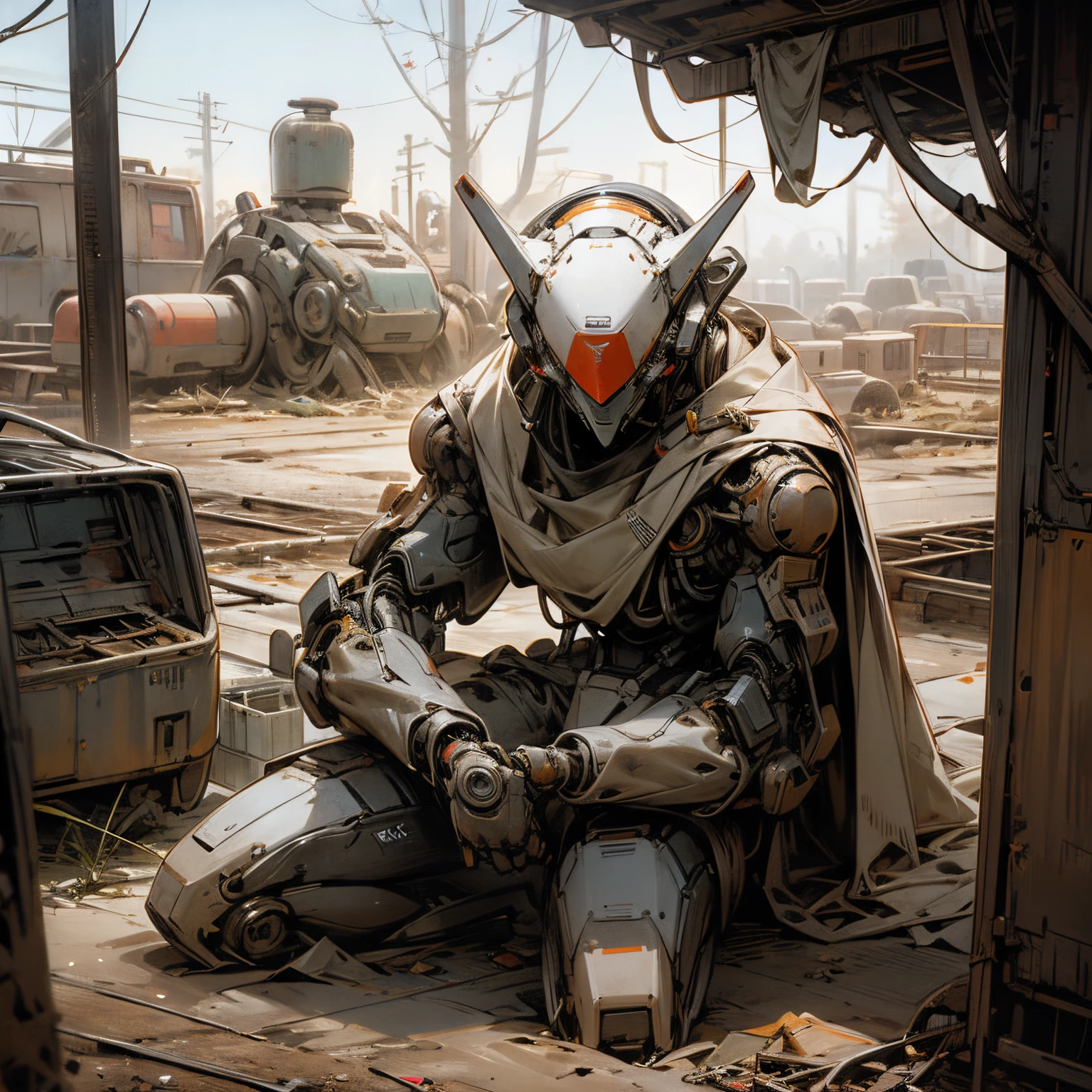 A robot with a smooth featureless head, farmer robot, peaceful scene, on their knees, looking at a tree sapling, barren desert town, scrap town, rusted,