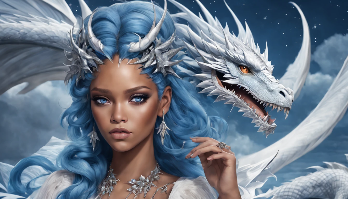 Queen of the White Dragon, mulher madura jovem, "rihanna", orelhas longas de elfos, vestido azul celeste elegante, mama grande, Curvy, dragon ling vawy hair, Cabelos Super Longos, soft facial features, White dragon horns on his head, mulher majestosa, silver decoration on her azul celeste dress, Rainha Estrela Prateada, Grandes olhos azuis, cherry lips, White dragons, starly sky