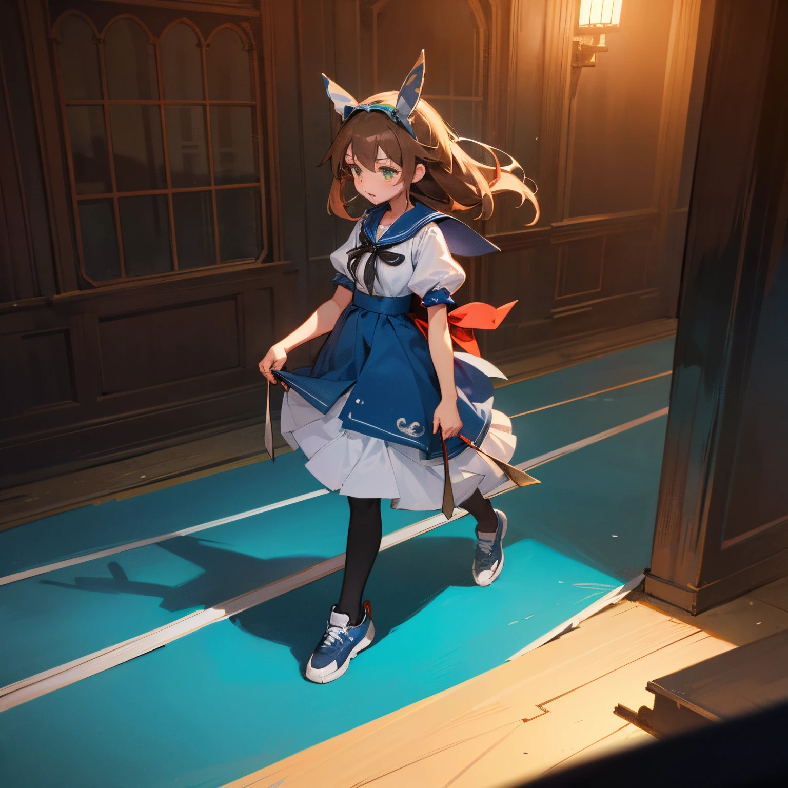 A cute 15 years old japaneese girl, drawn in anime style, futuristic, Y2K aesthetic, sci-fi, is scared, jade green eyes, long brown hair, ribbon headband, small breast, white and blue futuristic sailor lolita dress with puffy sleeves, school crest, red ribbon, navy blue pantyhose, sport shoes, holding a flashlight, walking in a abandoned haunted mansion with ghost, at night, low lighting, darkness, highly detailed, 4K.