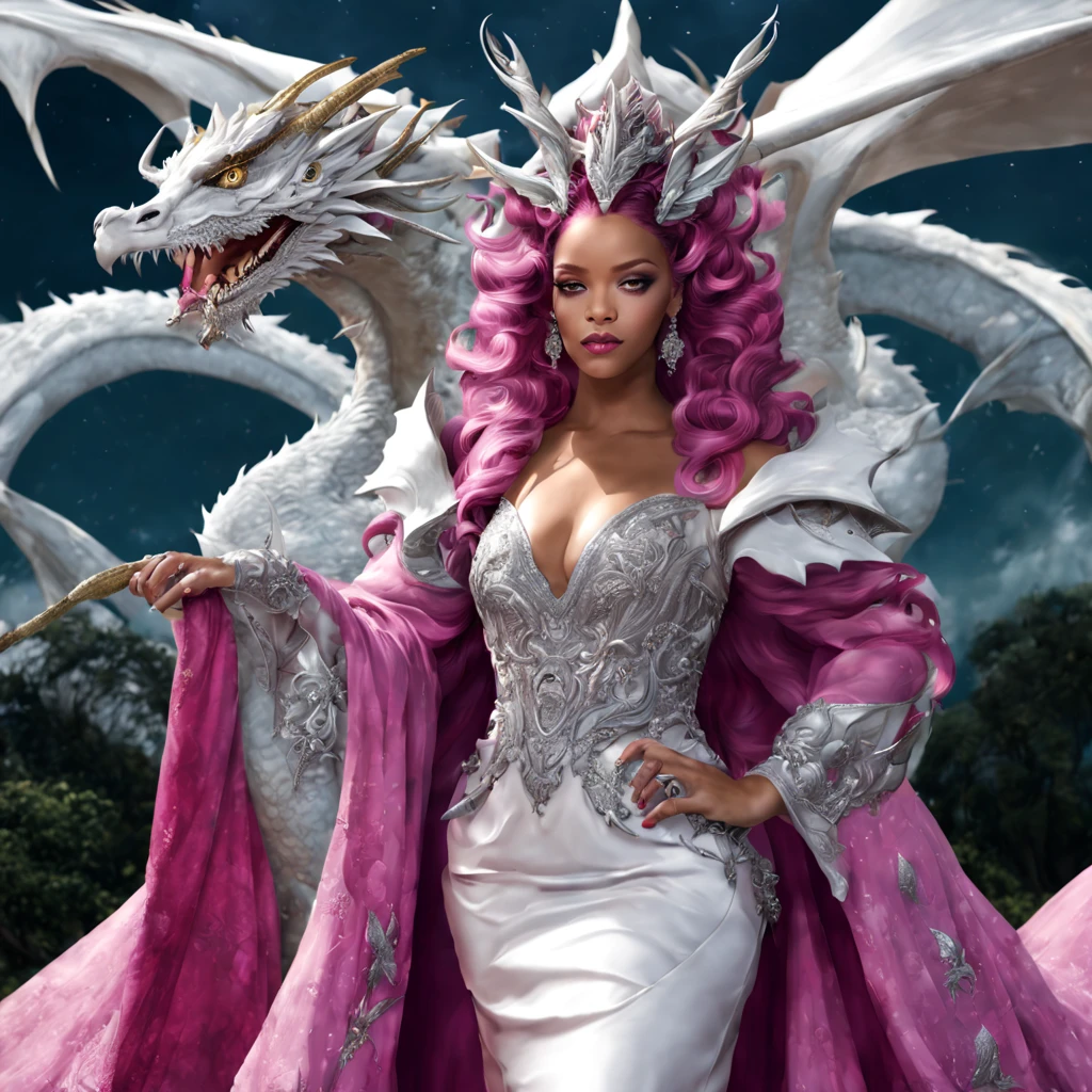 Queen of the White Dragon, mulher madura jovem, "rihanna", orelhas longas de elfos, vestido magenta elegante, mama grande, Curvy, dragon ling vawy hair, Cabelos Super Longos, soft facial features, White dragon horns on his head, mulher majestosa, silver decoration on her magenta dress, Rainha Estrela Prateada, Grandes olhos azuis, cherry lips, White dragons, starly sky