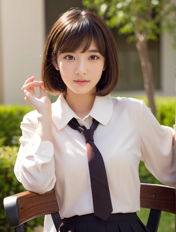 (masutepiece), Natural light, Photorealistic, Cameltoe, diffuse glow, depth of fields, big eye、Best Quality、profetional lighting、Top image quality、masterpiece、Top quality backdrop professional lighting、portlate、Asian Beauty、big eye、Comes with Mura genuine frame、Black eyes、High school students、校服、Hairstyle Short Hair、Brown hair、white belly shirt、a short skirt、red necktie、Sitting on a chair、School Background、Smaller face、Peace sign with both hands、