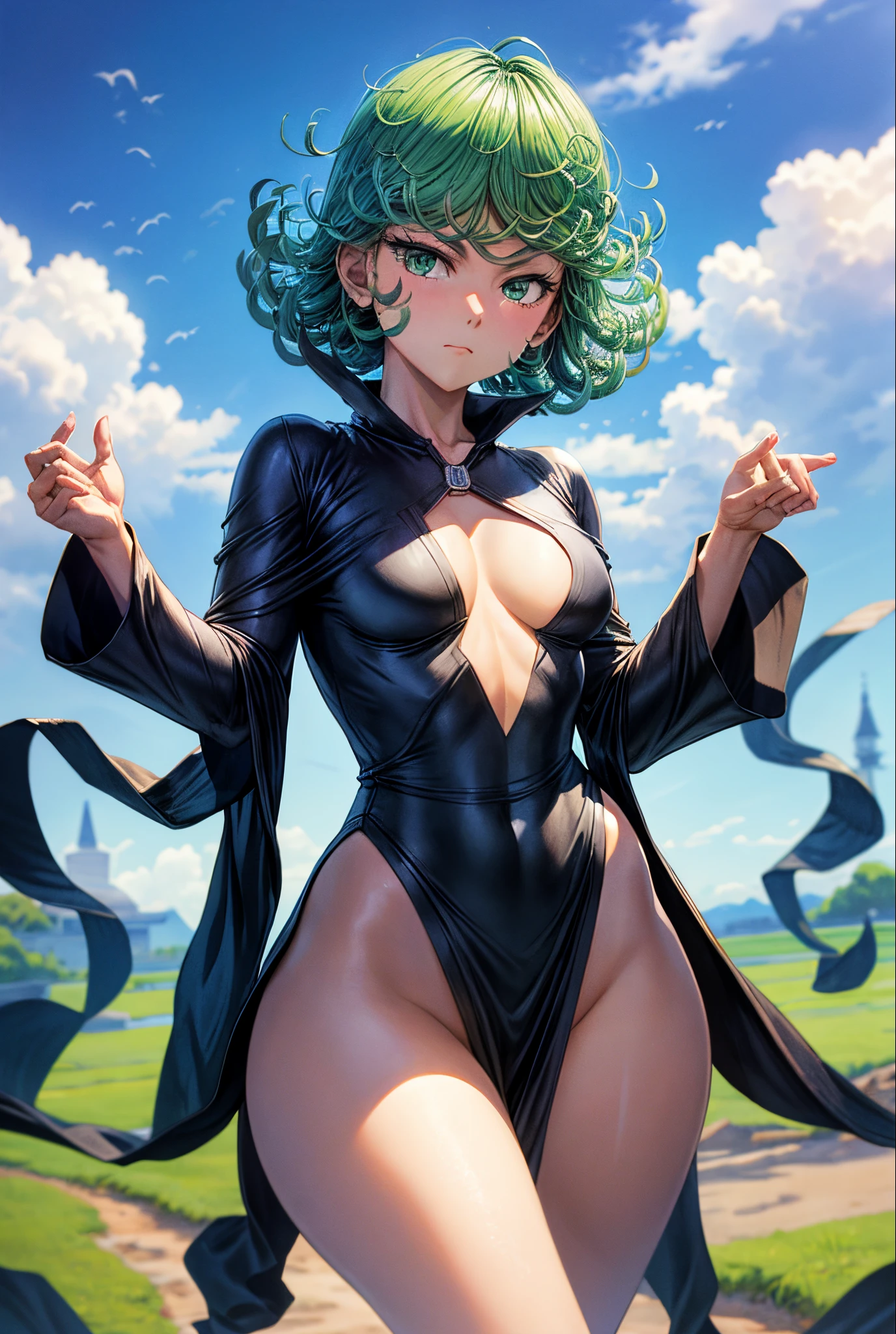 (masterpiece, best quality:1.2), cowboy shot, solo, 1girl, tatsumaki, lustful, closed mouth, looking at the viewer, ass, wide hips, black dress, blue sky, clouds, erotica