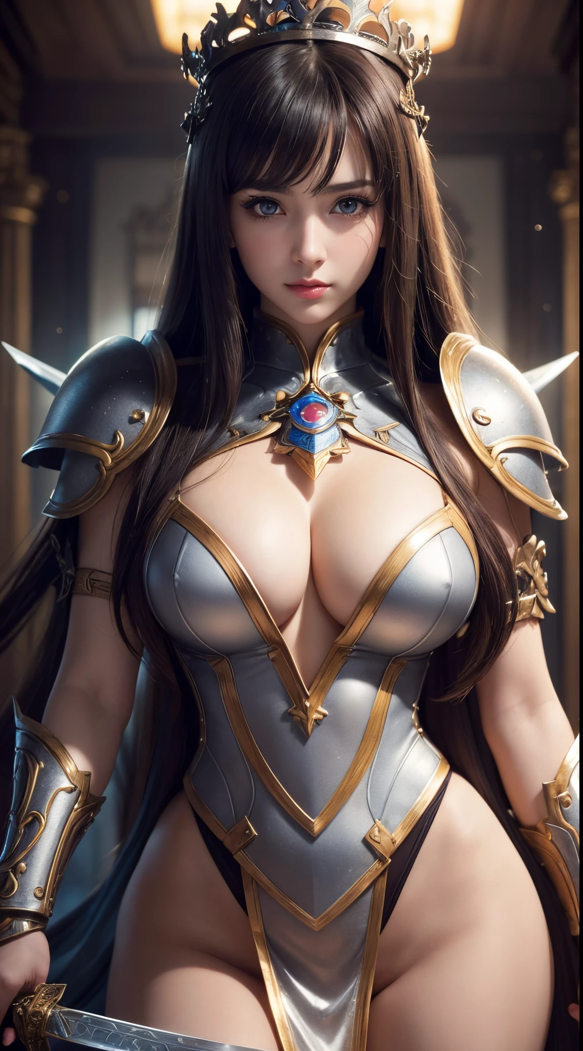 best quality, high definition (normal quality, high resolution), ultra-detail (ultra-detail), (realistic:1.37) (realistic), bright colors (bright lights), studio lighting (studio lighting), (beautiful detailed eyes), (beautiful detailed lips), (extremely detailed eyes and face), (long eyelashes), (1 girl), (anime style), (warrior princess), (anime The Queen's blade), (impressive chest), (tight clothes), (minimum clothes)+. Everyone can see how she holds a huge two-handed sword (Broadsword), a masterpiece with two hands