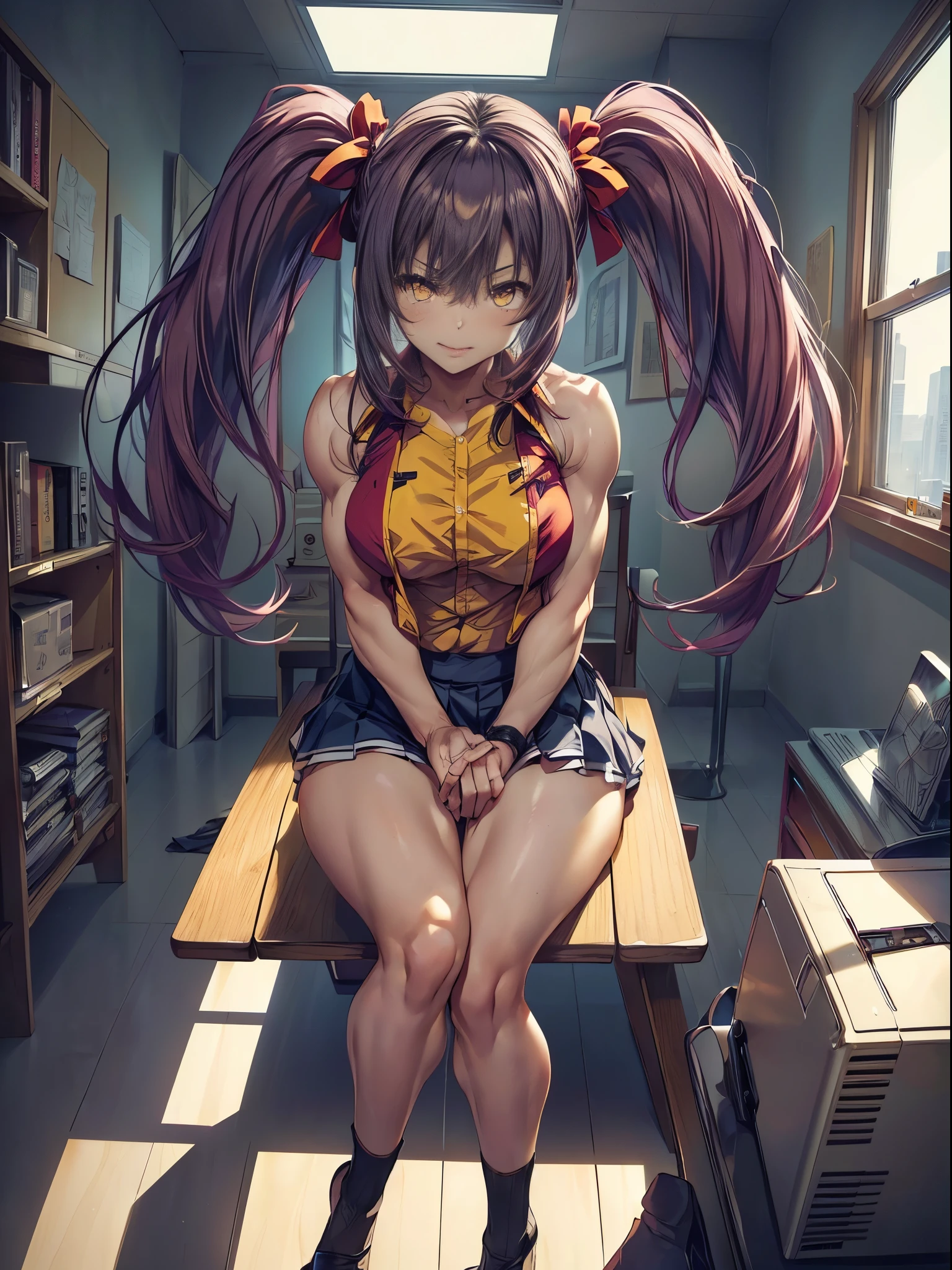 (((1 girl))), medium breasts, a beautiful and cute lady, sitting on the chair with her legs crossed, (naked character), facing me, at school, (muscular ass), (thin waist), ( butt only), full body photo, (((Ichika Amasawa))) , white skin, red ribbons in hair, (((bright yellow eyes))), good anatomy, perfect hands, (perfect muscular legs), thin waist , muscular abdomen, wearing black shoes in high heel body photo)) ) , (standing), (((looking at me showing me her huge and muscular ass))), (Hair color Magenta ), camera under the ass, Straight hair, (( (Twintail hair, (extended yellow eyes), anime, minimalism, anime style, ray tracing, cinematic lighting, glow, JPEG artifacts, bright light, divine rays, backlight, symmetry, panorama, Sony FE, hard drive, art -Prime, Accurate, Anatomically correct, super detail, best quality, hard drive, highest, 16k