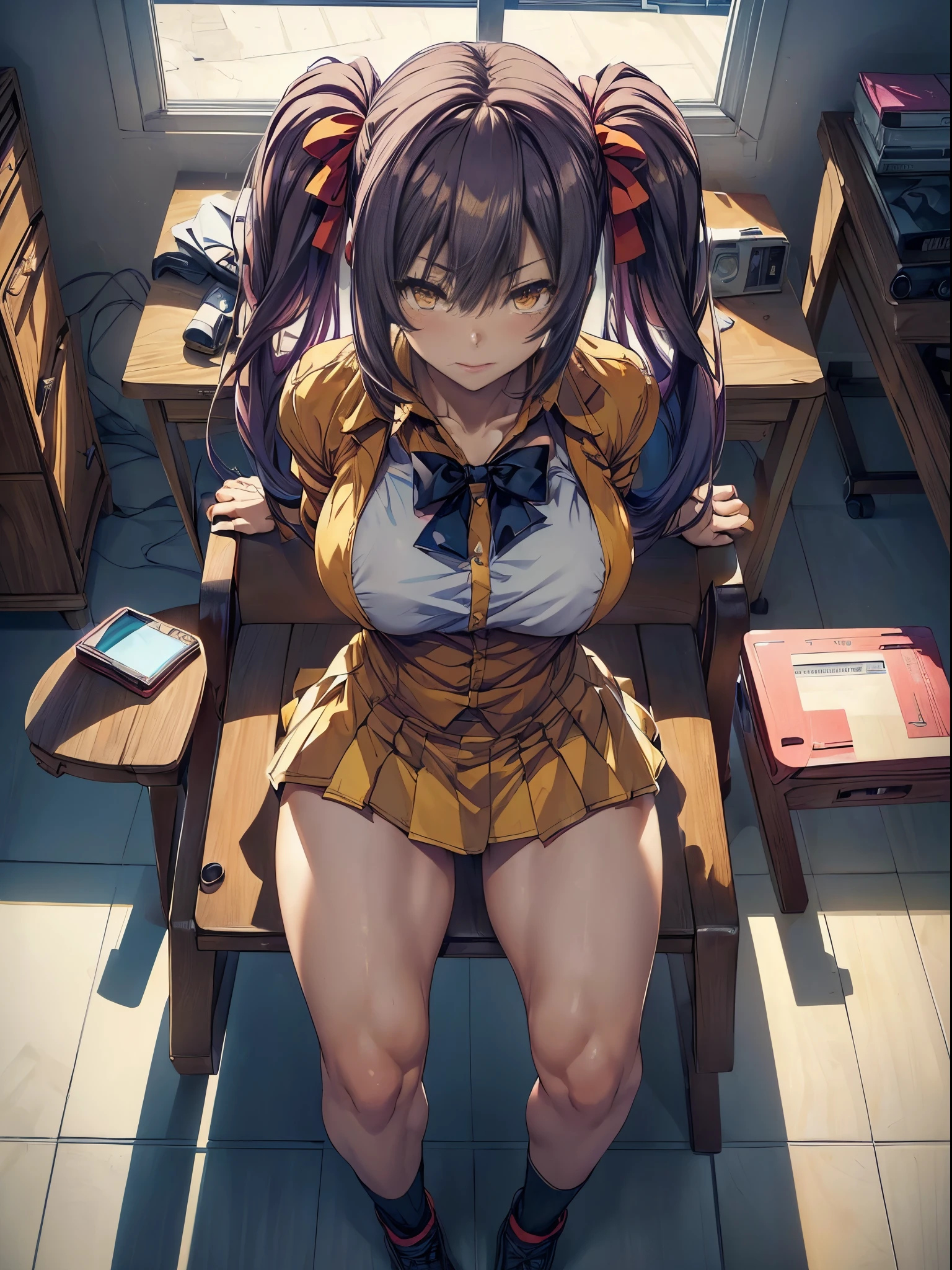 (((1 girl))), medium breasts, a beautiful and cute lady, sitting on the chair with her legs crossed, (naked character), facing me, at school, (muscular ass), (thin waist), ( butt only), full body photo, (((Ichika Amasawa))) , white skin, red ribbons in hair, (((bright yellow eyes))), good anatomy, perfect hands, (perfect muscular legs), thin waist , muscular abdomen, wearing black shoes in high heel body photo)) ) , (standing), (((looking at me showing me her huge and muscular ass))), (Hair color Magenta ), camera under the ass, Straight hair, (( (Twintail hair, (extended yellow eyes), anime, minimalism, anime style, ray tracing, cinematic lighting, glow, JPEG artifacts, bright light, divine rays, backlight, symmetry, panorama, Sony FE, hard drive, art -Prime, Accurate, Anatomically correct, super detail, best quality, hard drive, highest, 16k