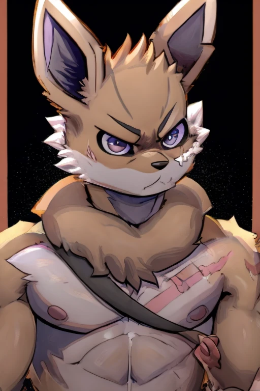 illustration style, anime, anthro eevee, with an whiter humanoid face, purple and gray inner ears, black fur, light skinny body, big floofy white fur around the neck, tough looking, angry face, scar on left eye, purple inner ears, black marks on skin