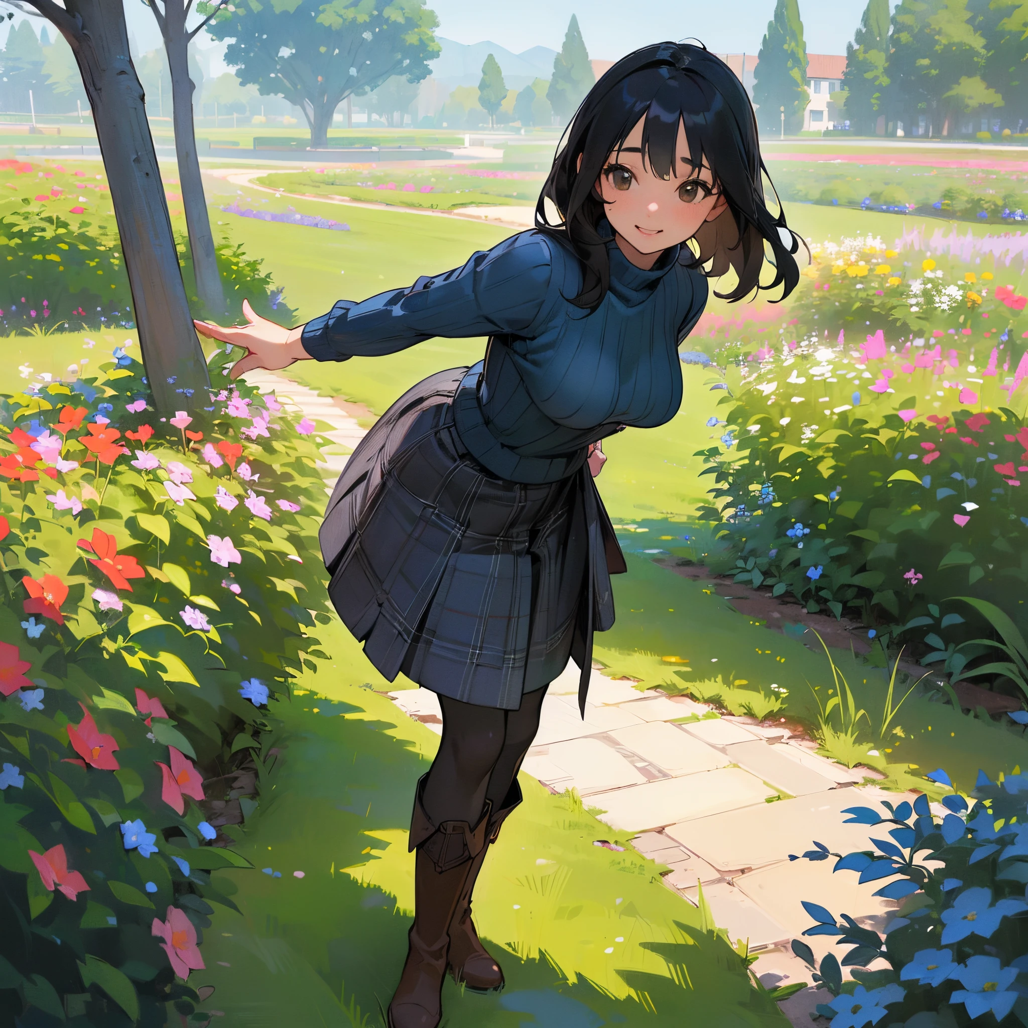 (High quality, High resolution, Ultra-detailed, Realistic:1.37), peaceful ambiance, (plein air, garden), Teenage girl standing alone, (My breasts are big.), Beautiful detailed features, Cute smile, (Black bob hair), Ribbed sweater, blue plaid skirt, Black tights, Brown boots.