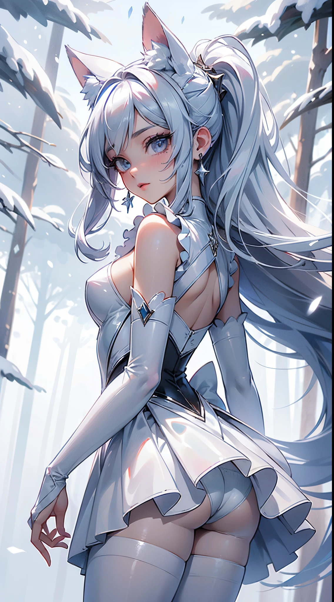 (rear view, backside view),Ariana Grande  vestido con un traje de pie sobre un puente., y 2 k cutecore clowncore, Traje de sirvienta, (Loli en vestido white), Traje con volanteini traje santa claus:1.4), (botas white muslo),(Medias white encaje), de un catboy! Sirvienta! vestido, fancy suit, Chica de anime con disfraz de sirvienta, vestido de sirvienta, vestido con volantes ((harapiento)), cuerpo completo! cara bonita,,More detailed 8K.motor irreal:1.4,UHD,La mejor calidad:1.4, fotorrealista:1.4, textura de la piel:1.4, obra maestra:1.8,obra-prima, mejor calidad,objeto Objeto], (detailed face features:1.3),(manos detailed),((Las proporciones correctas)),(Ojos hermosos azules),(convexo Dedos de camello)，(background forest white trees snow falling:1.4) ,(Copos de nieve:1.4),(Mostrar panties encaje white:1.4),(white glossy tights/pantyhose:1.4),)no mutaciones de Miembros del cuerpo )