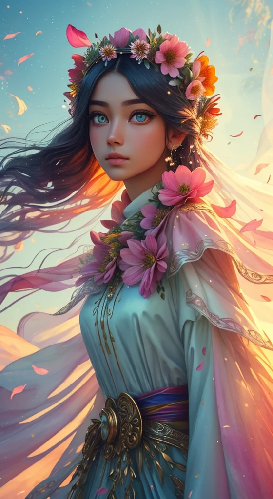 watercolors, pink. flower maiden realistic hair breeze. realistic face, extremely detailed, highly realistic eyes. Upper body fashion photography pose, wearing silk and satin. beautiful flowers different sizes and colors wind around her. background detailed, wild, unruly, wildflowers wind pollen. flowered headdress. watercolor sky. fantasy details, enhanced details, iridescence, colorful glittering wind, and pollen. dreamy and ethereal. 8k, intricate, elegant, highly detailed, majestic, digital photography, (masterpiece, finely detailed beautiful eyes: 1.2), hdr, realistic skin texture, ((fantasy00d:1)), rays of light, ornate flowers, dew drops, sunlight, hazy rays of sun