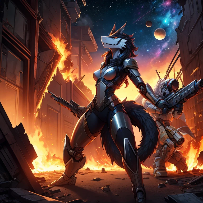 female, furry, metallic, robotic, shiny, anthro, sergal , young, short height, small breasts, thin body, battle pose, shooting blaster gun , warrior , burning, corridor, crashing ship, damaged buildings, fighting, enemies, war, stars, planets,  science fiction, galaxies, dusk, sexy, masterpiece, high quality,