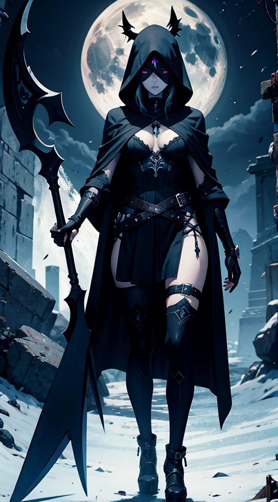 A female image of death [[Grim Reapece skull, [[[[pointing her finger to the viewer!!!]]]], full body image, wearing a dark hooded cloak, holding a Scythe with her other hand, full moon on the background, [[high quality]], 4k, high quality image, unreal engine, cinematic.