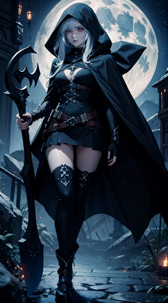A sexy female image of death (Grim Reaper), pointing her finger to the viewer, full body image, wearing a dark hooded cloak, holding a scythe with her other hand, full moon on the background, [[high quality]], 4k, high quality image, unreal engine, cinematic.