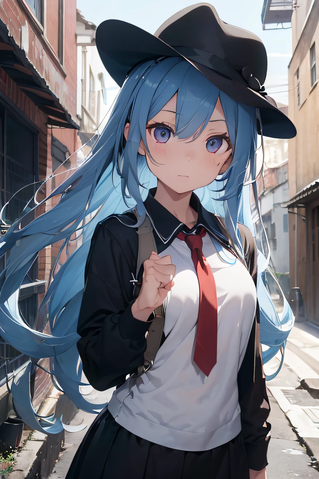 Beautiful fece, ​masterpiece, top-quality, hiqcgbody, animesque, 1girl in, Facing the front、is standing、Medium chest, portrait shot, Look at viewers、lightblue hair、Fighting、Thrusting fist、my fist is stained with blood、intricate detailes,>,((coverd)a closeup, straight-on, adult lady,Very long hair swaying in the wind、 Spy dressed all in black、Black hat、Light brown eyes、No eye highlights(radiant eyes:0.5)、(beautifully detailed eyes:1.1)、The background is fixed to a back alley、[[Delicate fingers and hands:0.55]::0.85]、(detail finger)、Light blue hair、Eyelift