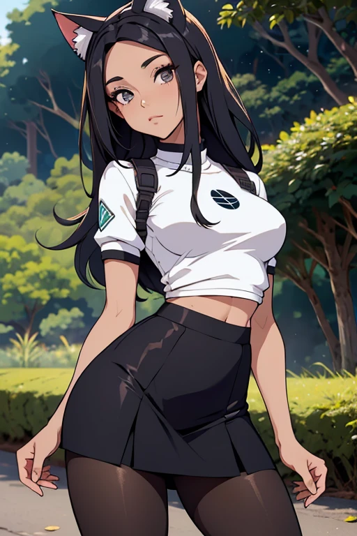 1girl, anime style, 2d, anime screencap, dark skin, black skin, dark-skinned female, white hair, long hair, large breasts, wide hips, thick thighs, shirt, sportswear, shy, sports bra, screencap, masterpiece, hourglass figure, mature female