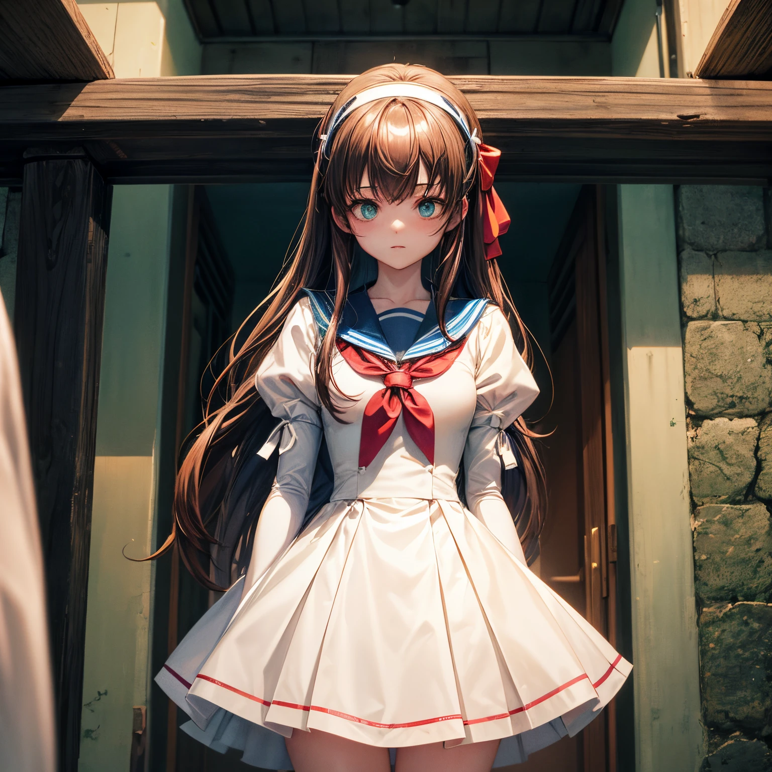 A cute 15 years old japaneese girl, drawn in anime style, futuristic, Y2K aesthetic, sci-fi, is scared, jade green eyes, long brown hair, ribbon headband, small breast, white and blue futuristic sailor lolita dress with puffy sleeves, school crest, red ribbon, navy blue pantyhose, sport shoes, holding a flashlight, walking in a abandoned haunted mansion with ghost, at night, low brightness, darkness, highly detailed, 4K.