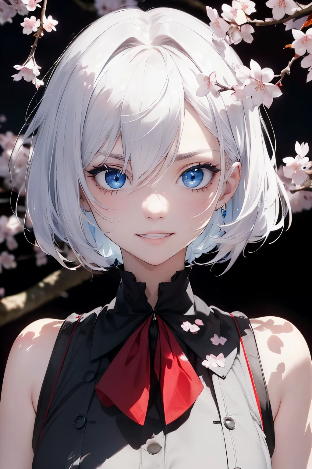 (masterpiece), best quality, perfect face, Houshou Marine, looking at viewer, suprised expression, white hair, expressive pale blue eyes:0.7, (depth perception:0.7, subject focus, black background, cherry blossoms in the wind), ((torso:0.7)), 8k, (highres), ((wide shot:0.9)), mascara:0.7, ((glowing eyelack background)), ((devious smile)), cinematic angle, ((professional photography)), ((peaking around tree)),