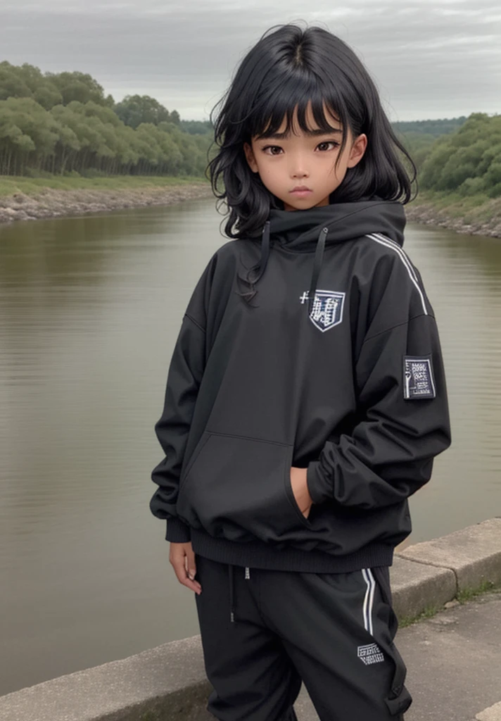 -yeld gistop on a bridge with a river in the background, Ropa de senderismo, negro, photograph of a techwear woman, Ropa negra casual, con una sudadera con capucha negra, inspirado por Ion Andreescu, Ropa negra, Ropa deportiva, Ropa negra, wearing a track suit, Ropa vestida de negro, Imagen de perfil, con una sudadera con capucha negra