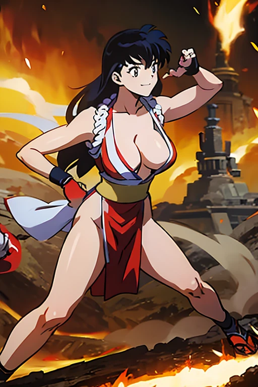 Kagome Higurashi, mai shiranui from the king of fighters, 1girl, solo, long black hair, golden eyes, 25yo, Japanese mature female, kunoichi dress, cleavage, matured face, teeth, grin, arrogant smile,athletic body, big breast, big hips, fighting stance, defensive pose, dynamic pose, martial arts, female fighter, full body view, best quality, BREAK dojo, japanese architecture,