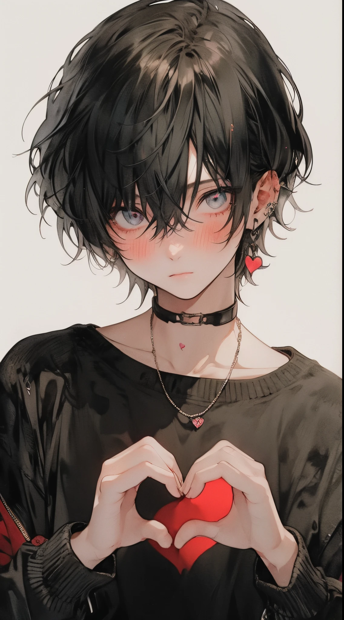Transparent watercolor, shading, Beautiful young man, finger heart, Heart Pose, ♥️,🫶, Hearts fly, High quality, amount of drawing, pixiv illustration