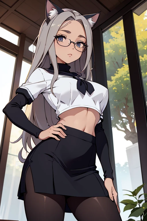 uniforme escolar, uniforme escolar japones foto de corpo inteiro, todo o corpo , cat ears on the head of a beautiful young woman wearing a short skirt, usando meias preta longas apertado ,corpo inteiro na foto,floresta a noite varias luzes,belas coxas, coxas lindas belhos olhos escuros detalhados, sueter branco apertado,maio apertado , tight pantyhose, mini saia , ceu limpo a noite com estrelas numa floresta a noite,short curto linda jovem, olhos sedutores feminino.CABELO CURTO PRETO((CABELOS CURTO PRETO))salto alto, em pe, cabelos curto ,usando oculos