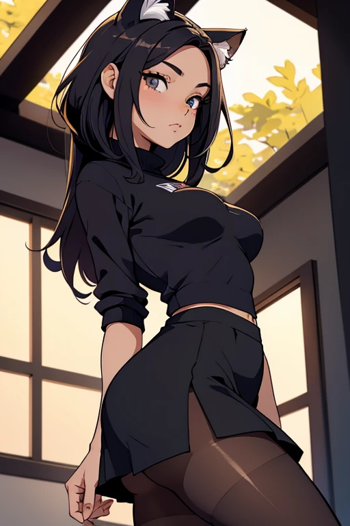 uniforme escolar, uniforme escolar japones foto de corpo inteiro, todo o corpo , cat ears on the head of a beautiful young woman wearing a short skirt, usando meias preta longas apertado ,corpo inteiro na foto,floresta a noite varias luzes,belas coxas, coxas lindas belhos olhos escuros detalhados, sueter branco apertado,maio apertado , tight pantyhose, mini saia , ceu limpo a noite com estrelas numa floresta a noite,short curto linda jovem, olhos sedutores feminino.CABELO CURTO PRETO((CABELOS CURTO PRETO))salto alto, em pe, cabelos curto ,usando oculos