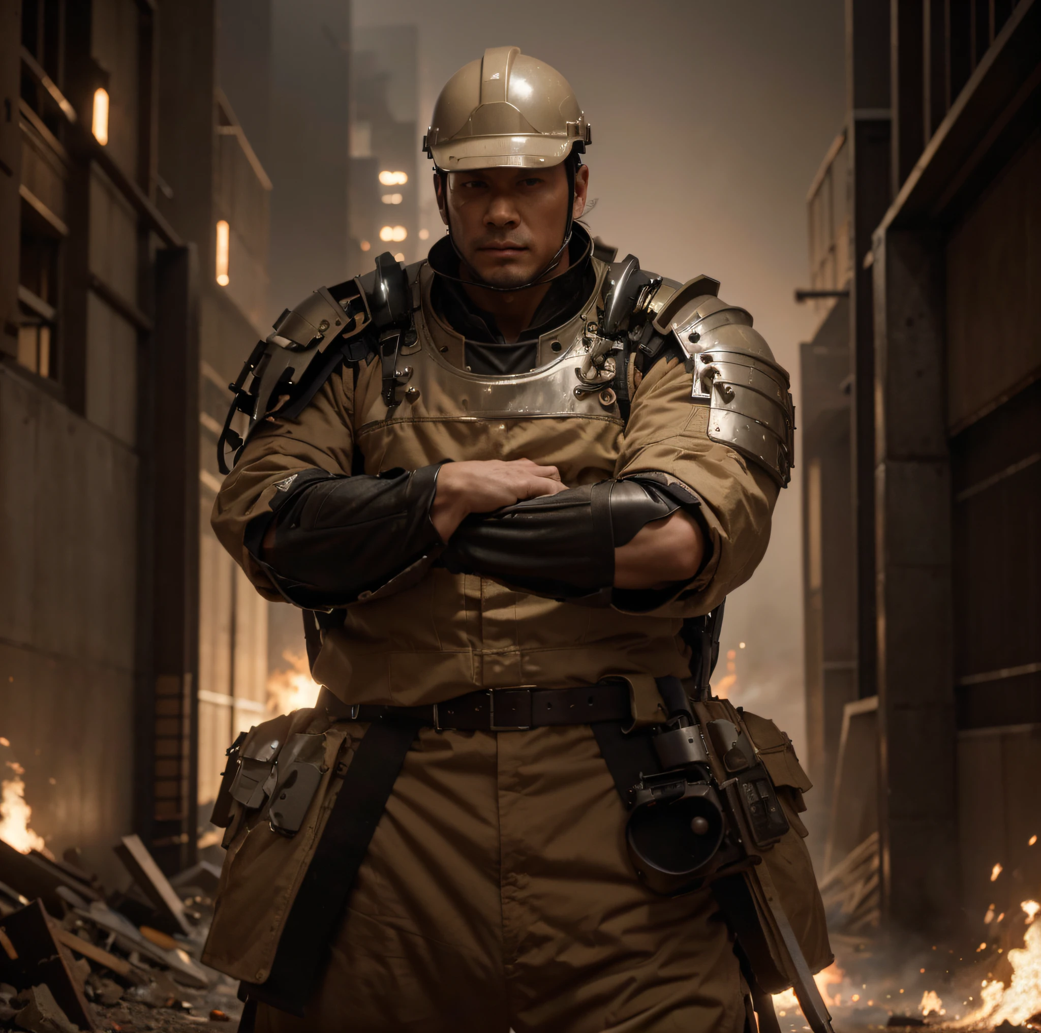ingeniero masculino, Cara japonesa, Approximate expression, pelo muy corto, Construction Helmet, Modern Japanese style cyborg heavy metal full chest armor, color rojo con detalles blancos, debajo de la armadura lleva un uniforme militar beige., has a tool belt, It is in a completely destroyed modern Asian city, Fuego, Explosiones, humo, 4k, Imagen ultra detallada, realista, Altamente detallado, perfect composition, splendid, Intrincadamente detallado, Incredibly detailed, 8 k artistic photography, hiper detallado, Obra maestra, Ultra detallado, hiperrealista, 4k, Imagen ultra detallada, realista, Altamente detallado, perfect composition, splendid, Intrincadamente detallado, Incredibly detailed, 8 k artistic photography, hiper detallado, Obra maestra