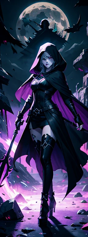 A female image of death [[Grim Reapece skull, [[[[pointing her finger to the viewer!!!]]]], full body image, wearing a dark hooded cloak, holding a Scythe with her other hand, full moon on the background, [[high quality]], 4k, high quality image, unreal engine, cinematic.