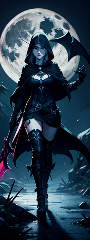 A sexy female image of death (Grim Reaper), pointing her finger to the viewer, full body image, wearing a dark hooded cloak, holding a scythe with her other hand, full moon on the background, [[high quality]], 4k, high quality image, unreal engine, cinematic.