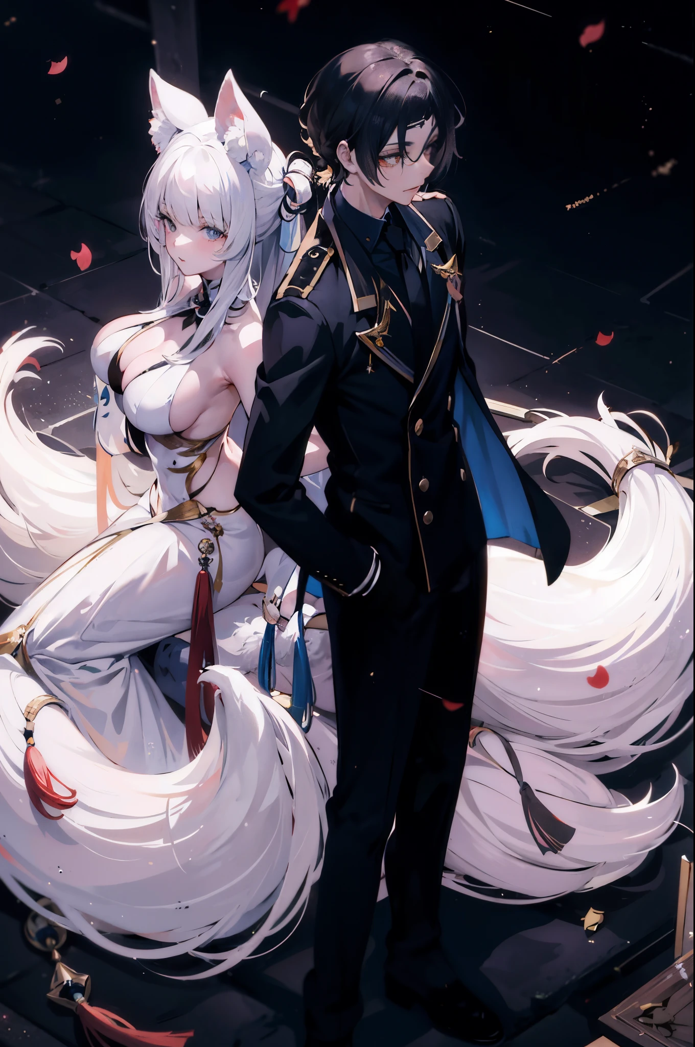 Anime characters dressed in black and white standing next to each other, raposa branca - cabelo, anime raposa branca, Wlop e Sakimichan, raposa branca vampiro, Personagens de Azur Lane, de meninas da linha de frente, arte de anime em alta, arte detalhada do anime, por Yang J, | anime de detalhes finos, arte de anime em alta, cauda longa e elegante, anime de fantasia bonito, arte de anime