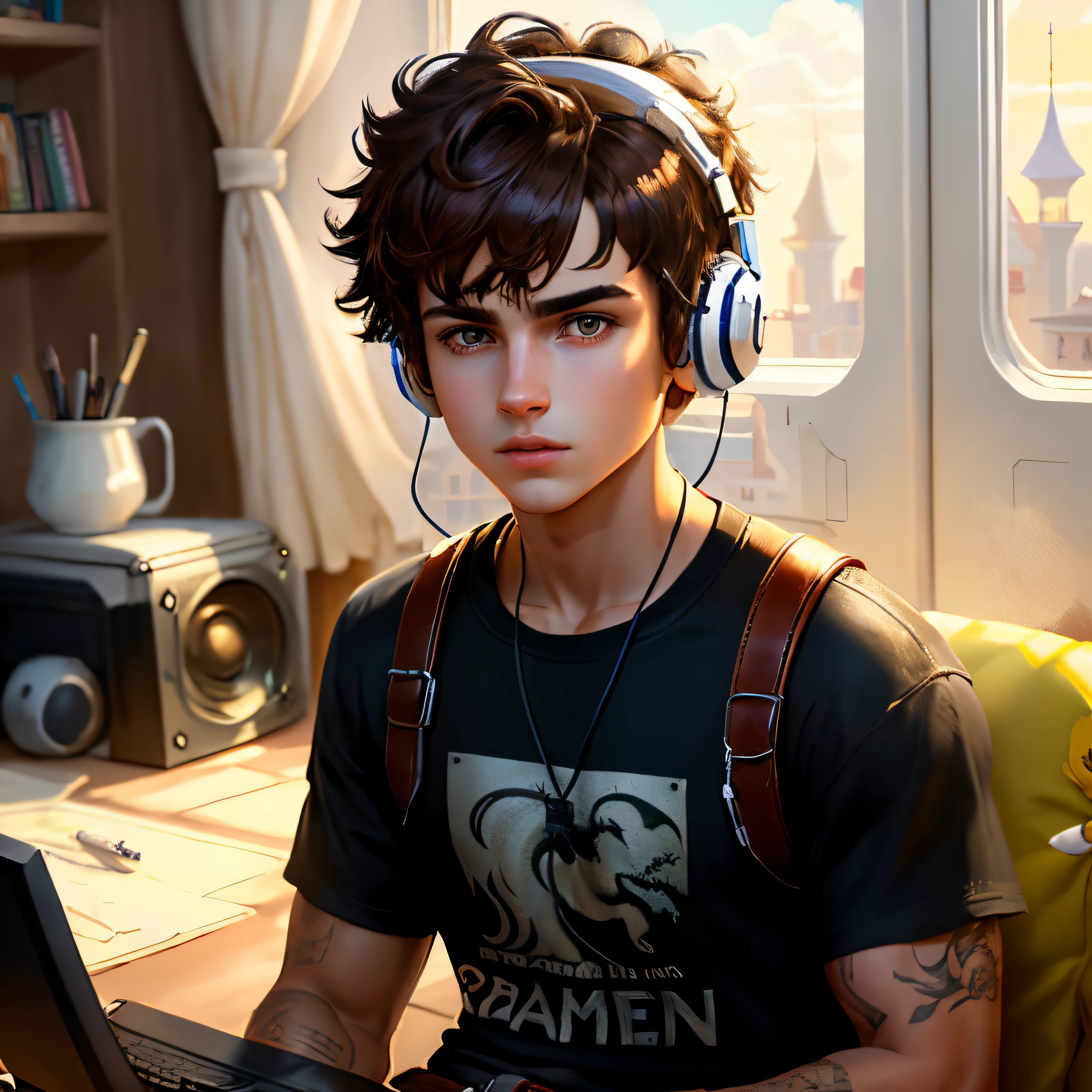 Create an art in the style of Disney Pixar covers where the boy playing using a white headset in a gamer setup The characteristics of the boy that he looks like 16 years old, white, has brown eyes, wears diamond stone earrings, has brunette hair but blond at the ends, with bangs wrapped around the forehead and has an oriental dragon tattoo that takes the entire forearm and the dragon's head in the hand