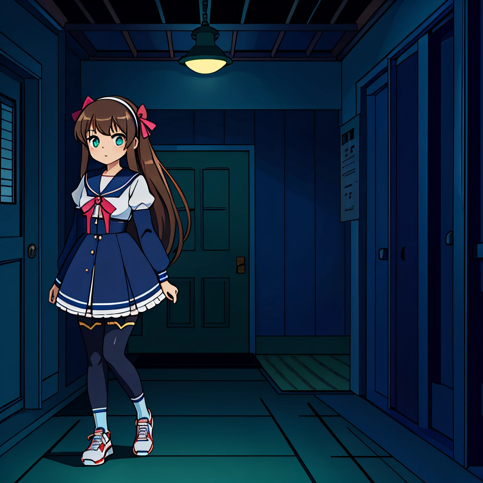 A cute japaneese girl, drawn in anime style, futuristic, Y2K aesthetic, sci-fi, is scared, jade green eyes, long brown hair, ribbon headband, small breast, white and blue futuristic sailor lolita dress with puffy sleeves, school crest, red ribbon, navy blue pantyhose, sport shoes, holding a flashlight, walking in a abandoned haunted mansion with ghost, at night, low brightness, darkness, highly detailed, 4K.