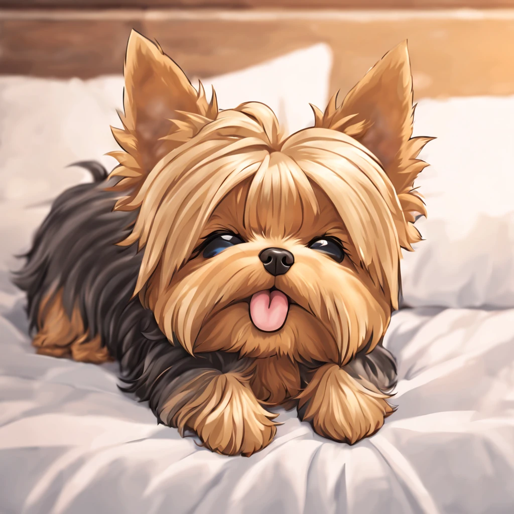 in bed,Yorkshire Terrier curled up with eyes closed,In 2D chibi art style, masutepiece, Best Quality,