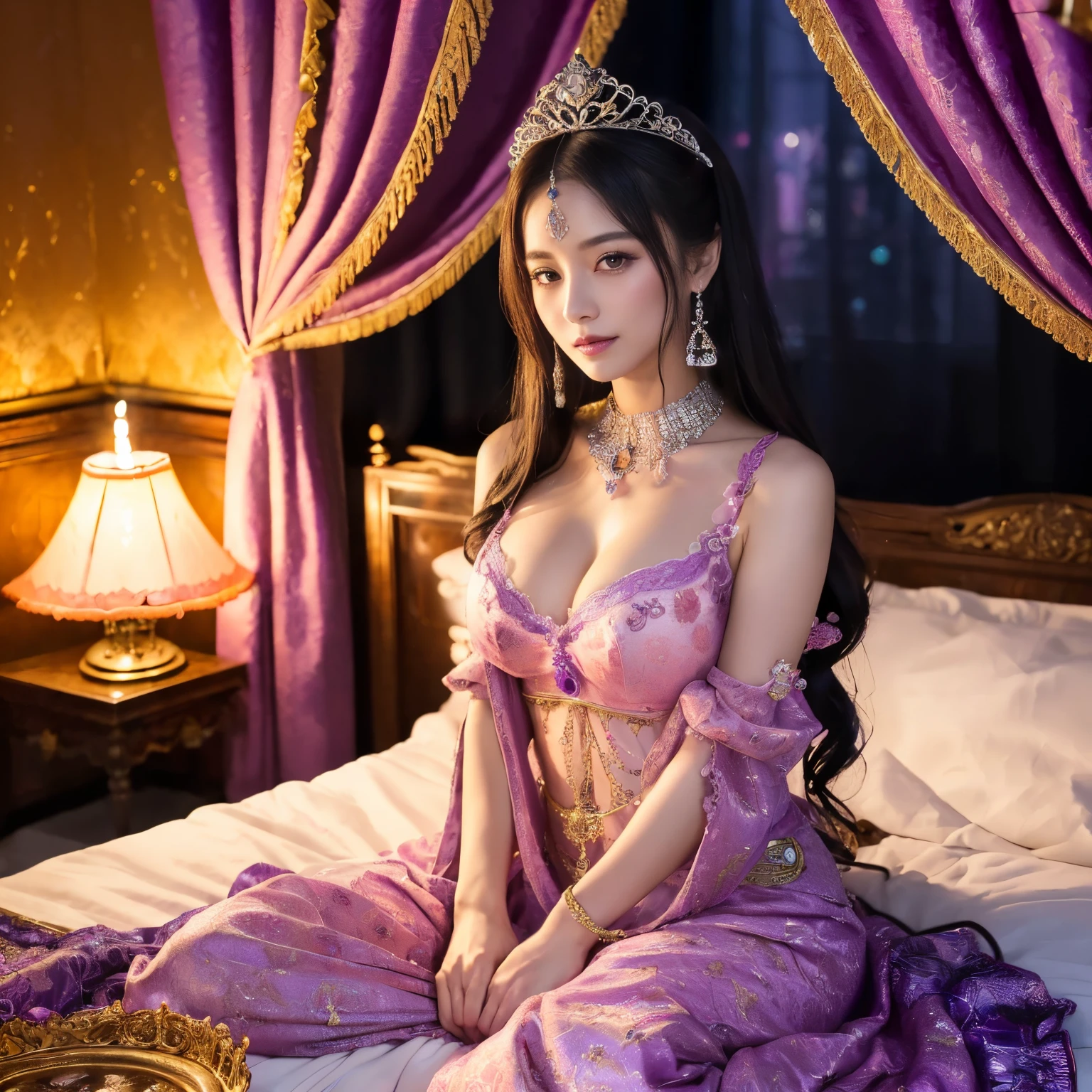 (top-quality、masutepiece、8K、Top image quality、Highly complex and detailed depictions)、one prostitute goddess、The ultimate luxury with everything you can imagine、most gorgeous goddess costume、(Surrounded by pink and purple curtains:1.3)、(The most luxurious and elaborately decorated curtains:1.2)、(The most detailed and complex texture:1.1)、Sitting on a big bed、(bed completely surrounded by curtains:1.3)、(Blurry distant view:1.3)、(Very romantic atmosphere:1.3)、A smile staring at me、(Upper body photo:1.1)、Sit on the most gorgeous bed、artistic décor、(Strong moody lighting in one lamp:1.5)、(Light source is only one lamp:1.3)、Large amount of jewelry decoration、The most luxurious and huge tiara、giant pink and purple costume、big pink and purple sleeves、Very complex decoration、royal、Frontal close-up、(Front composition:1.1)、(accurate anatomy:1.2)、(Accurate and detailed anatomy:1.2)、(Sit facing the front:1.2)、(Accurate and perfect sitting position:1.1)、Symmetrical composition、big and nice bed、(Highly saturated:1.2)、(bright pink and purple:1.2)