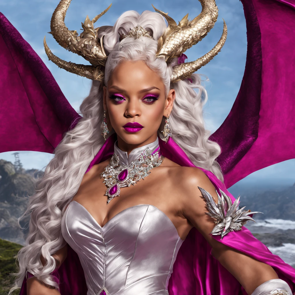 Queen of the White Dragon, mulher madura jovem, "rihanna", orelhas longas de elfos, vestido magenta elegante, mama grande, Curvy, dragon ling vawy hair, Cabelos Super Longos, soft facial features, White dragon horns on his head, mulher majestosa, silver decoration on her magenta dress, Rainha Estrela Prateada, Grandes olhos azuis, cherry lips, White dragons, starly sky