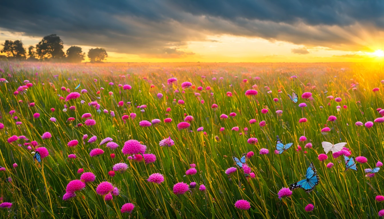 Butterflies a vibrant parade through a meadow at sunset,