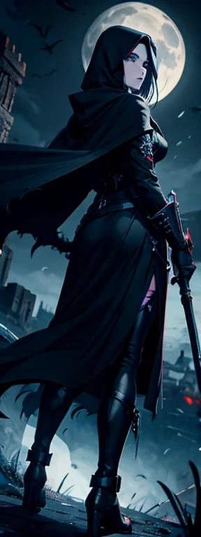 A female image of death [[Grim Reapece skull, [[[[pointing her finger to the viewer!!!]]]], full body image, wearing a dark hooded cloak, holding a Scythe with her other hand, full moon on the background, [[high quality]], 4k, high quality image, unreal engine, cinematic, look from below, amazing night sky!!!!