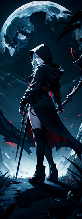 A female image of death [[Grim Reapece skull, [[[[pointing her finger to the viewer!!!]]]], full body image, wearing a dark hooded cloak, holding a Scythe with her other hand, full moon on the background, [[high quality]], 4k, high quality image, unreal engine, cinematic, look from below, amazing night sky!!!!