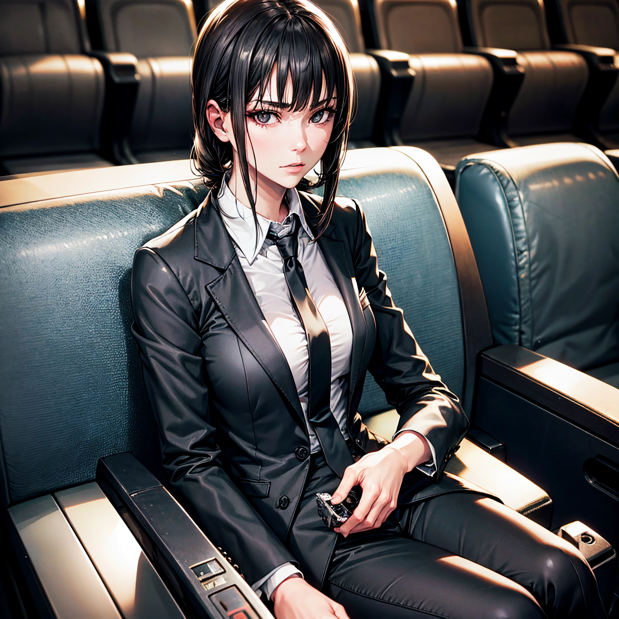Solo best quality, masterpiece, extremely detailed CG, extremely detailed 8K wallpaper, indoors, extremely detailed character ultra-detailed, detailed face, beautiful, solo girl, perfect face, sharp focus, intricate details, ultra detailed body, ultra detail hair, ultra detail face, very pale skin, sitting in a movie theatre, black hair, black eyes, wearing a long sleeved formal white shirt, wearing a black tie, wearing formal black pants, short shoulder length hair, hair bangs, movie theatre, sat on a movie theatre chair, emotionless face, pale skin, hands on lap, makima \(chainsaw man\), black suit blazer, assassin, only a single girl, viewer is looking at her from the movie theatre screen