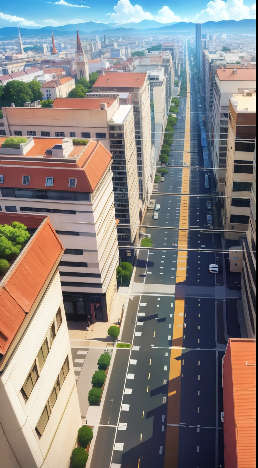 See the city from above, several people walking, pedestrians, civilization, very big street, several cars and houses, complete and clear city, style of anime, style of anime, Full HD picture quality, Super quality, 16k, vivd colour, animated strokes, webcomic