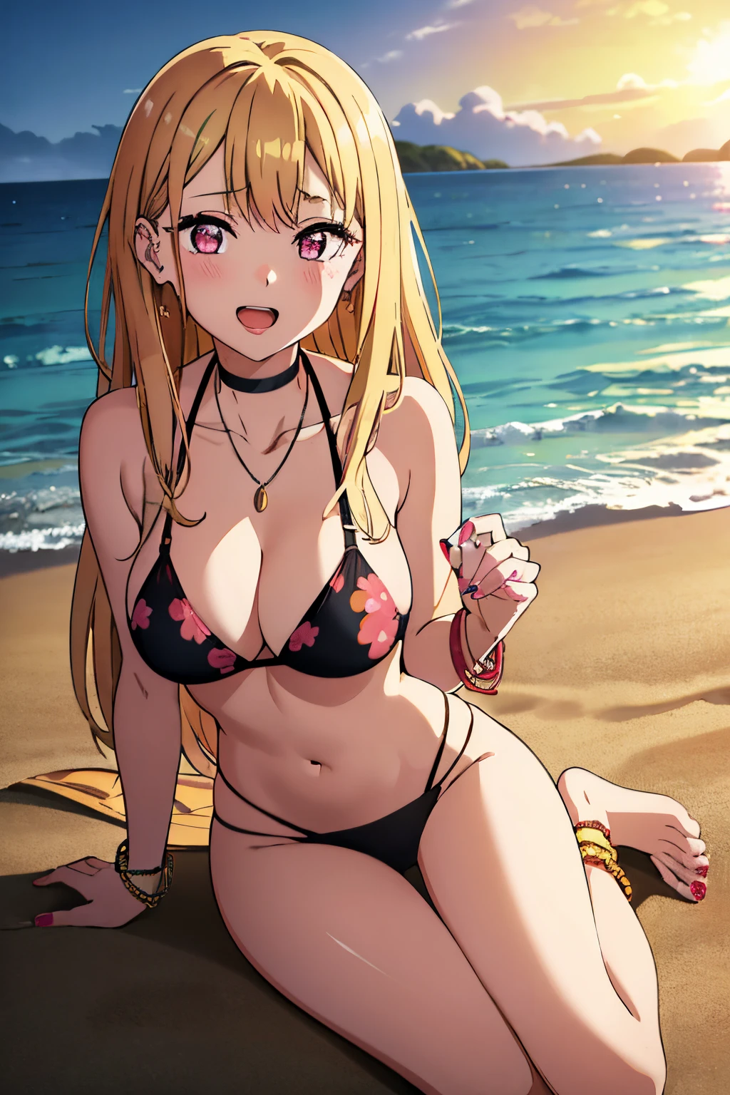 1girl, alone, Marin Kitagawa, long hair, blonde hair, pink tips, pink eyes, open mouth, embarrassed, seductive, smiling, open mouth, sexy posture, earrings in her ears, necklace around her neck, blue bracelet in her hand left, bracelet with red balls on her right hand, pink lipstick, right hand holding hip, black bikini, black bra, black string thong, Print, floral print, light yellow flower print, lying on the sand, Beach, Sea, Lighthouse on the coast, sunny, sunset, good lighting, large breasts, medium waist, medium hips, wide thighs, good hands, painted nails, good body anatomy,