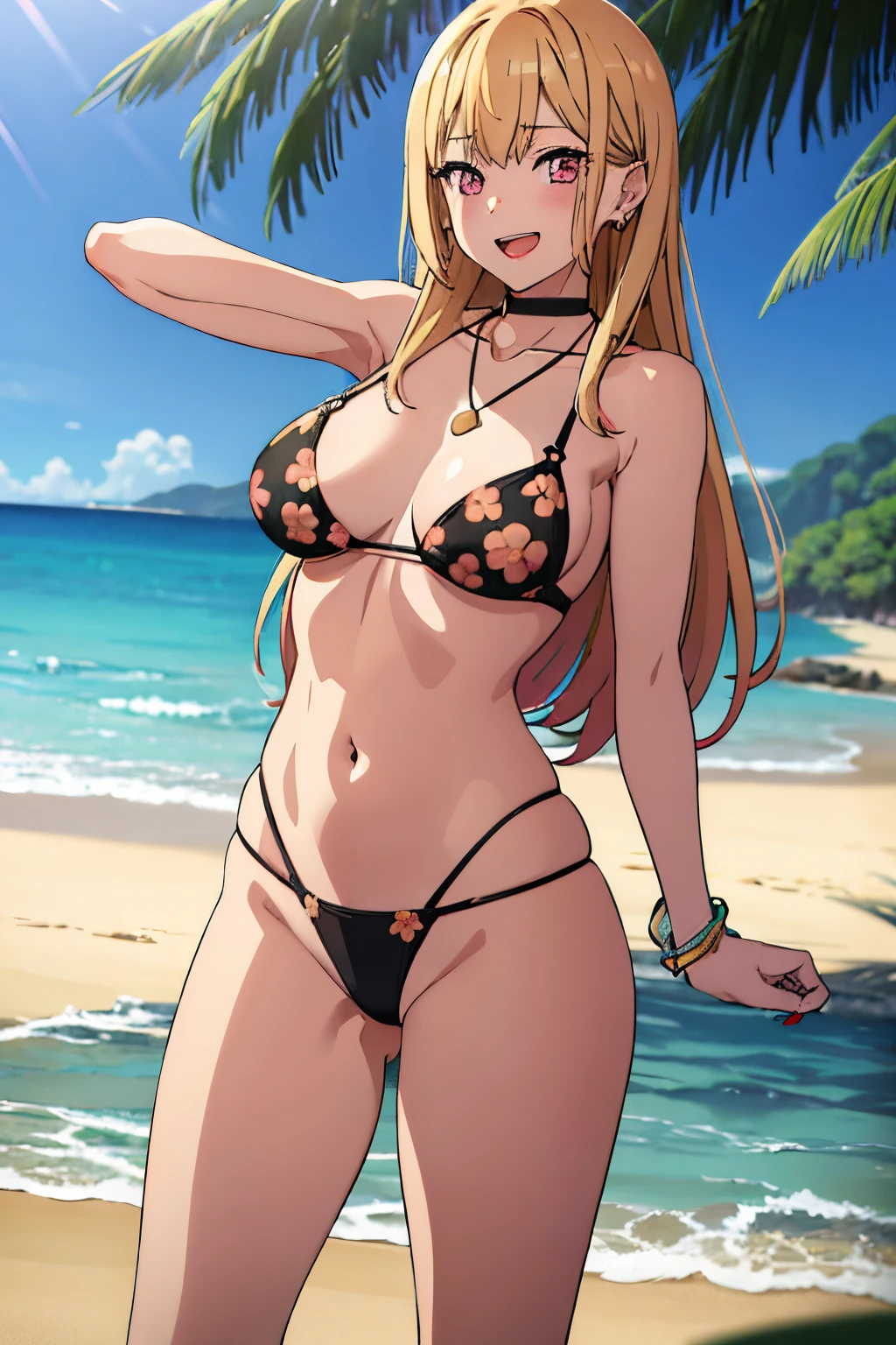 1girl, alone, Marin Kitagawa, long hair, blonde hair, pink tips, pink eyes, open mouth, embarrassed, seductive, smiling, open mouth, sexy posture, earrings in her ears, necklace around her neck, blue bracelet in her hand left, bracelet with red balls on her right hand, pink lipstick, right hand holding hip, black bikini, black bra, black string thong, Print, floral print, light yellow flower print, lying on the sand, Beach, Sea, Lighthouse on the coast, sunny, sunset, good lighting, large breasts, medium waist, medium hips, wide thighs, good hands, painted nails, good body anatomy,