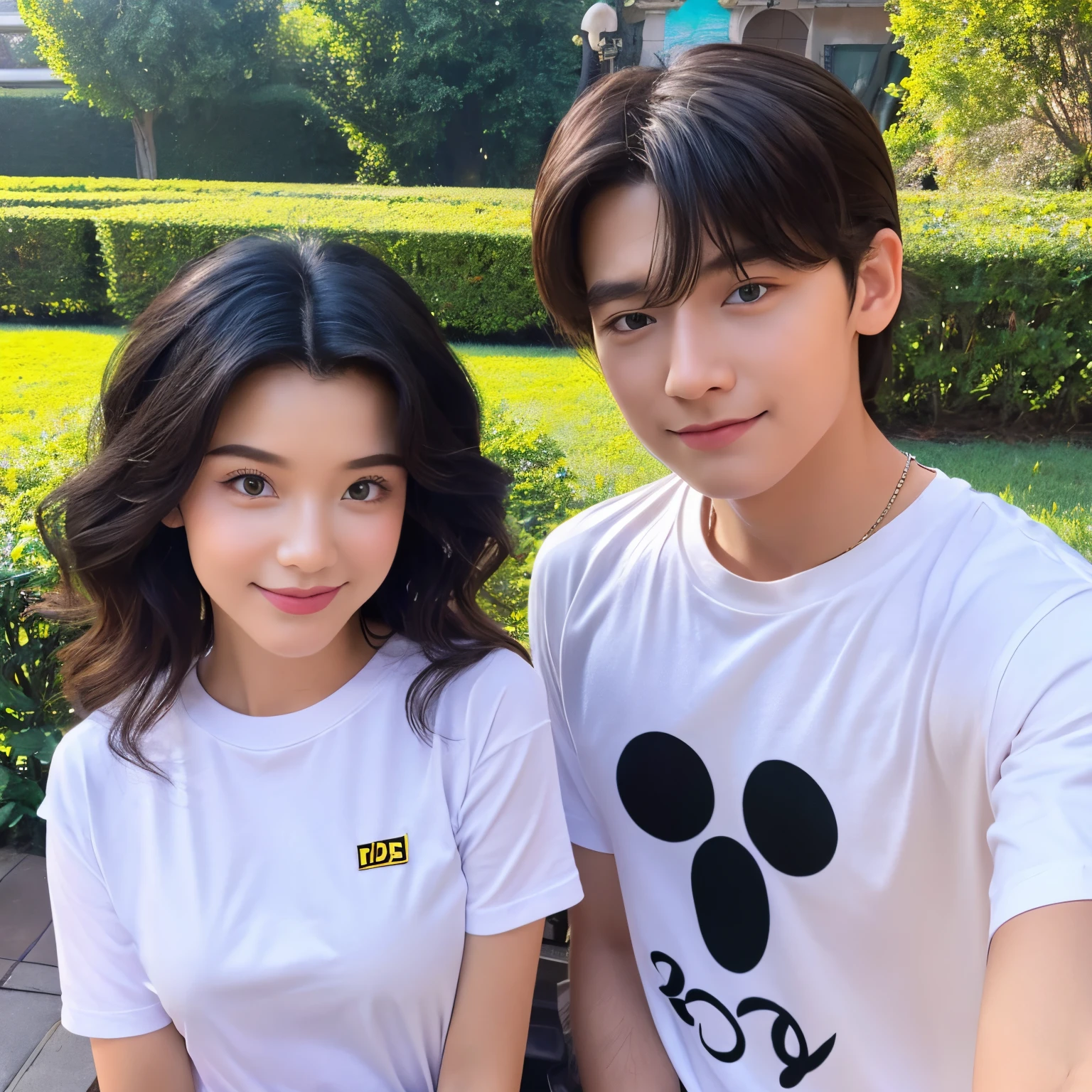 Disney Pixar-style boy and girl selfie two-shot, girl on the left and boy on the right。The boy had bushy hair、wearing a black t-shirt.、The girl has bob hair and is wearing a white T-shirt。