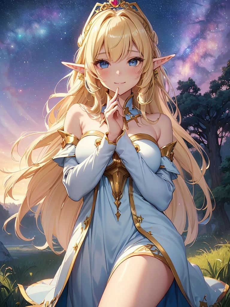 top-quality、Top image quality、masterpiece、Super beautiful elf woman((24 year old、Golden head hair、Bob Hair、a blond、Best Bust、big bast、Bust 90,beautiful blue long ironed hair、A slender、a closeup、Esbian、beautiful tiara、hiquality、Beautiful Art、Background with((starrysky)))masutepiece、visualart、depth of fields、low angle of morning sky、、Elven ears、、light magic、kosmos🎵、Happy smile、Gentle light、、Beautiful legs that are gentle on the skin、、、Number of fingers to achieve precise finger movements、ticker beautiful dress、elegent、Mystical、in woods、